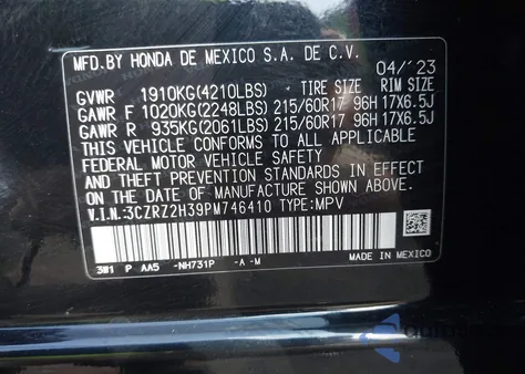 2023 Honda Hr-V Lx from USA, damaged, VIN 3CZRZ2H39PM746410